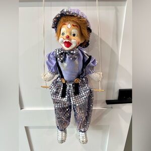 Vintage Clown Doll On A Swing Porcelain Face, Yellow Hair, Bright, Happy 30”